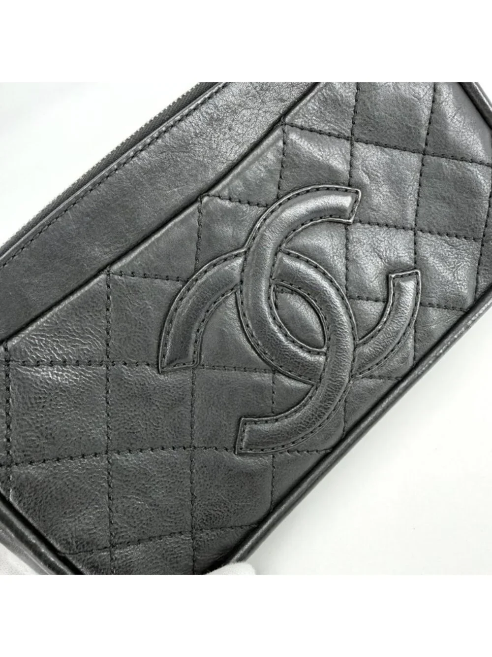 Chanel Shoulder Bag CC Logo Quilted Leather Black Silver